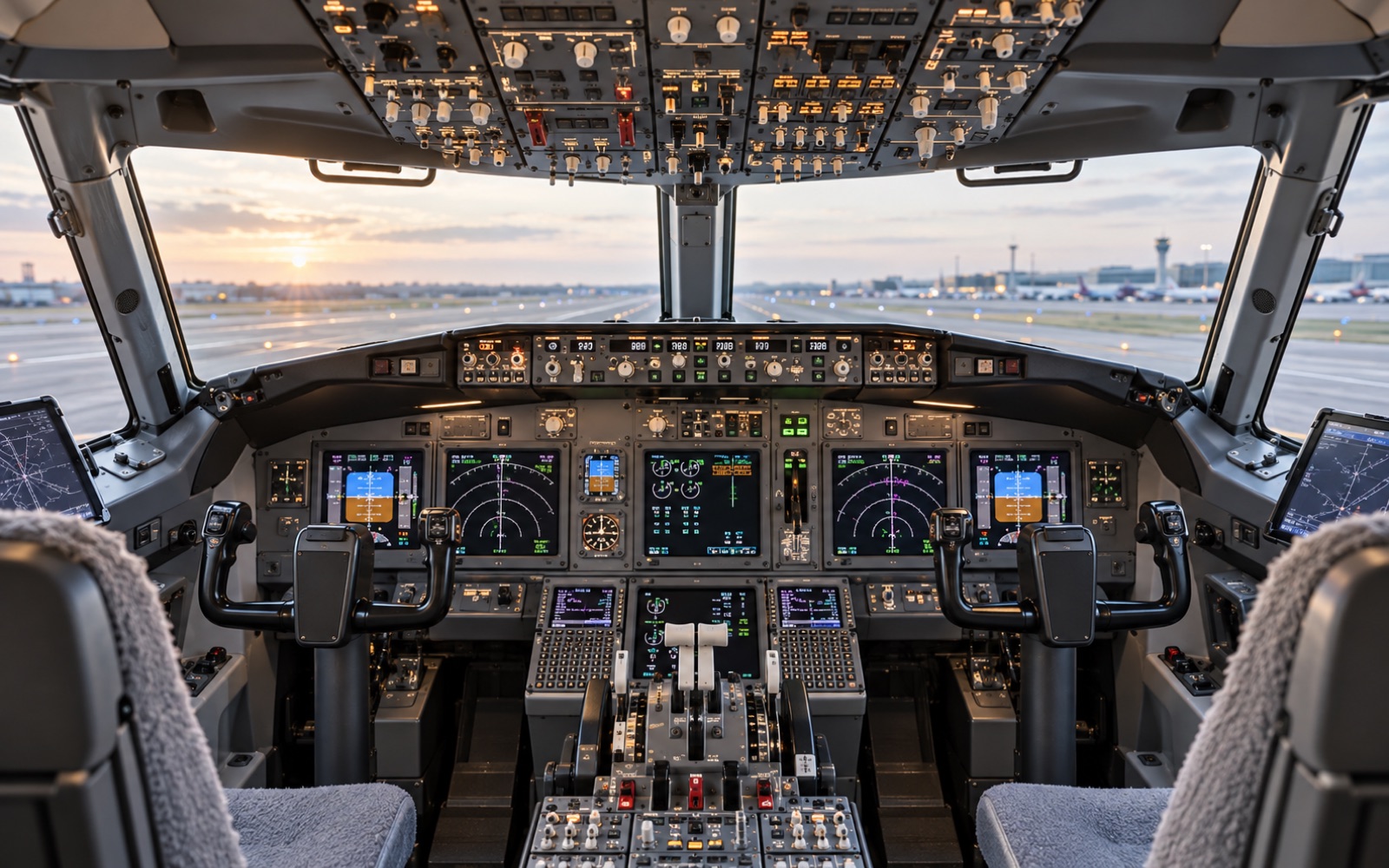 Verkehrsflugzeug-Cockpit bei Sonnenaufgang – Avionik-Qualifikation und Testing nach RTCA DO-160G bei PID